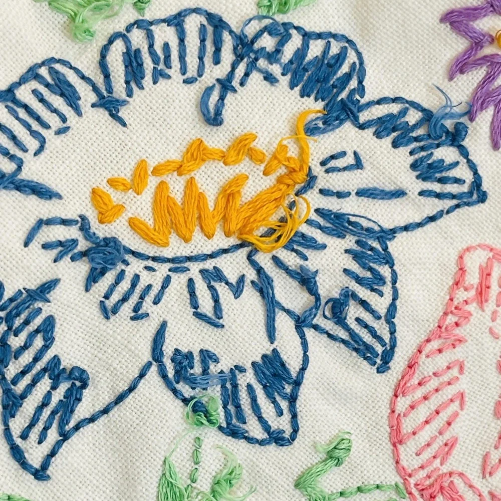 Hand Embroidered Floral Cotton Table‎ Runner Crochet Edge White Multicolor Decor